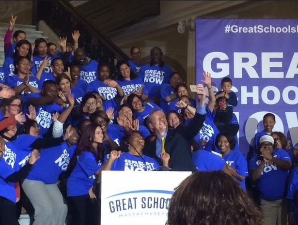 Gov Charlie Baker and charter school advocates gather to encourage lawmakers to lift the cap on charter schools 